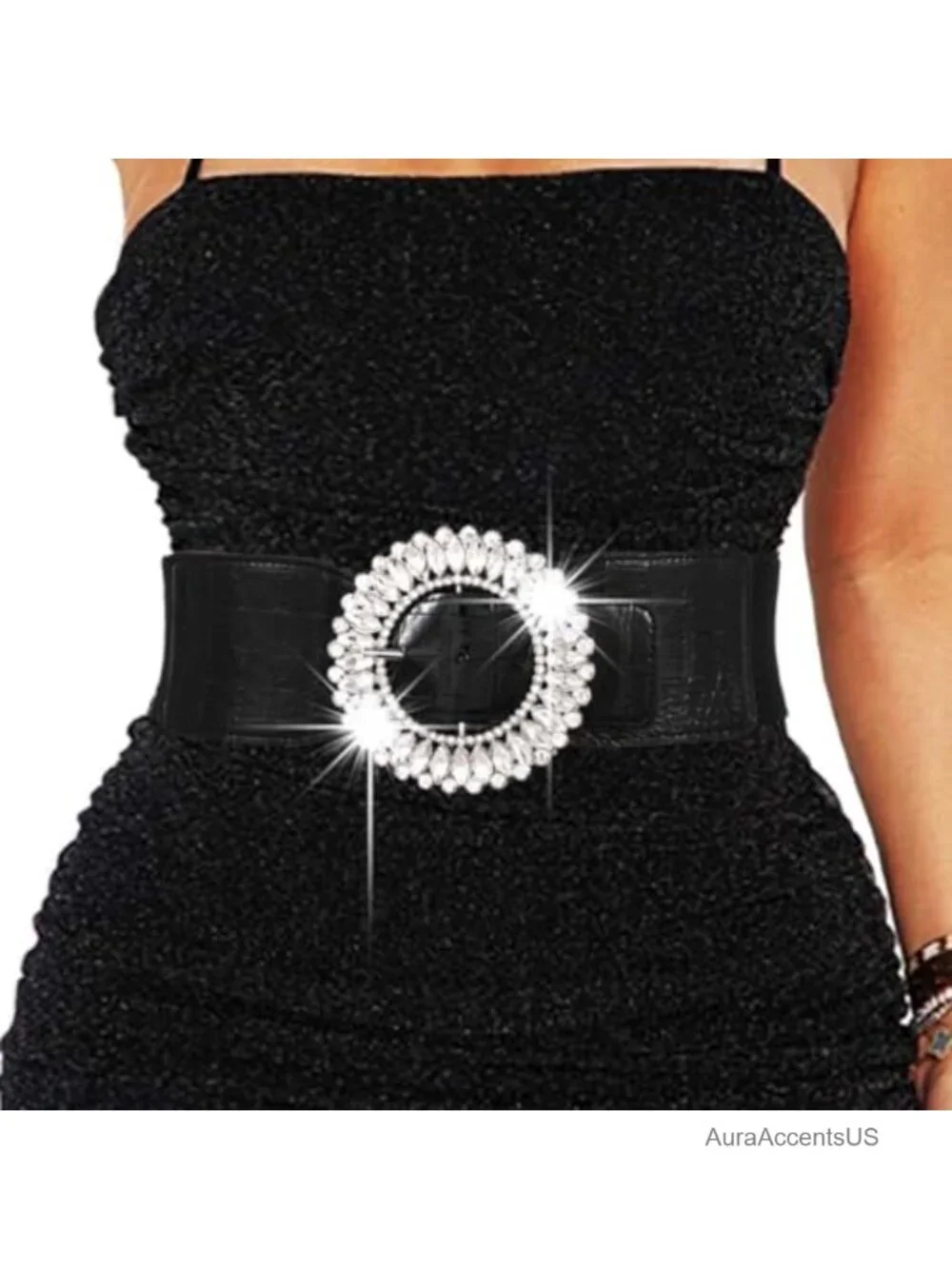 Rhinestone Wide Elastic Stretch Belt with Sparkle Buckle for Dresses